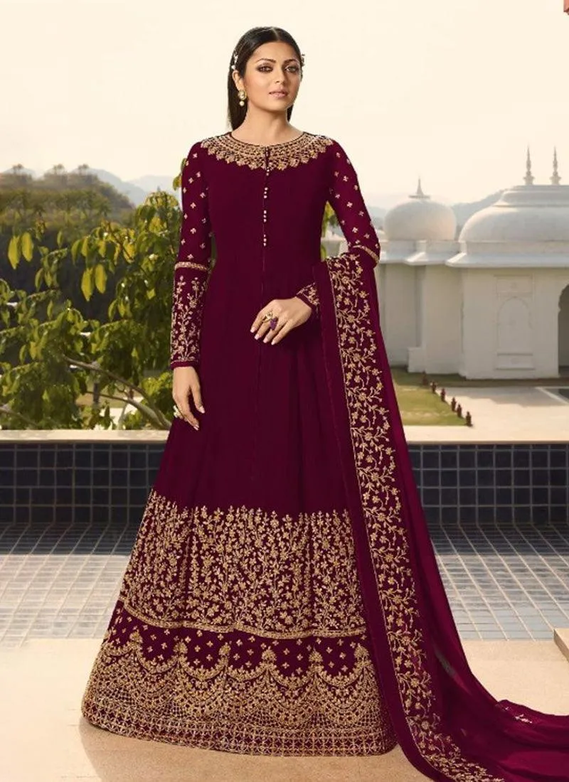 Dark Purple Georgette Base Wedding Wear Embroidery Work Anarkali Suit