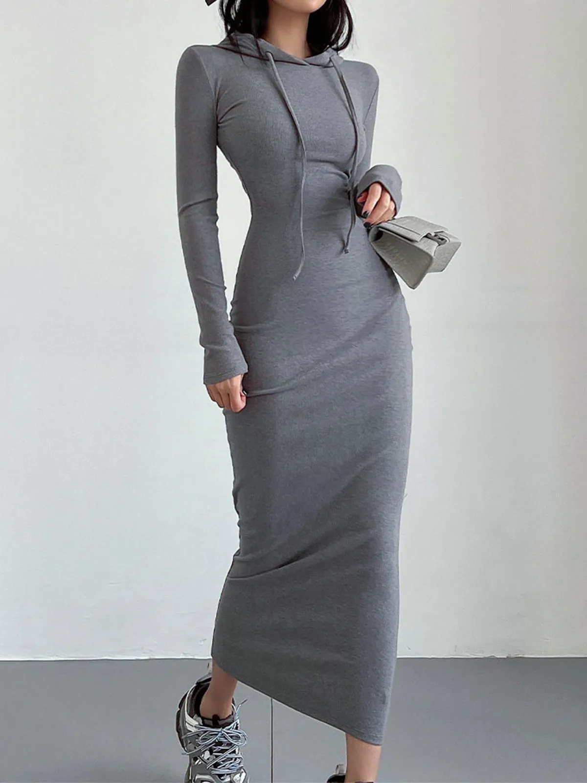 Drop Shoulder Graceful Drawstring Hooded Dress