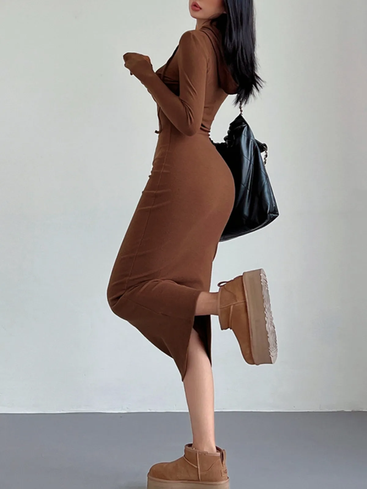 Drop Shoulder Graceful Drawstring Hooded Dress