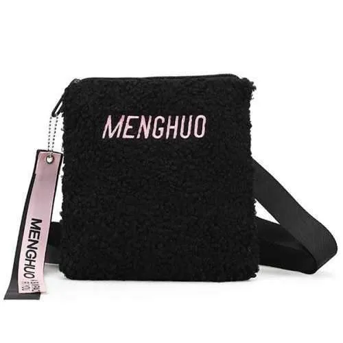 Faux Fur Letter Embroidery Crossbody Bag - Black