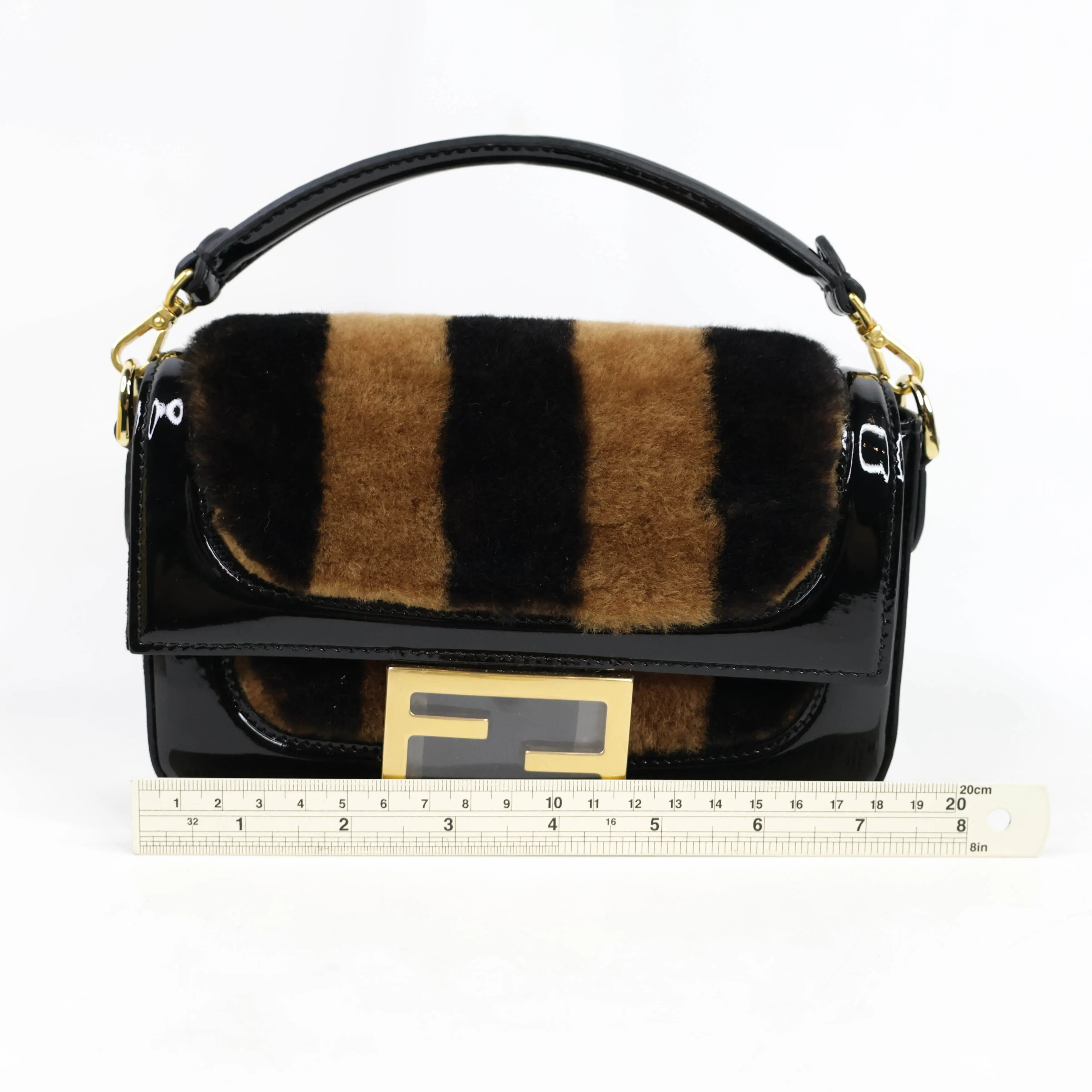 Fendi Patent Black/Brown Fur Mini Baguette