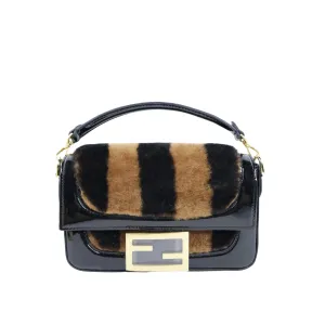Fendi Patent Black/Brown Fur Mini Baguette