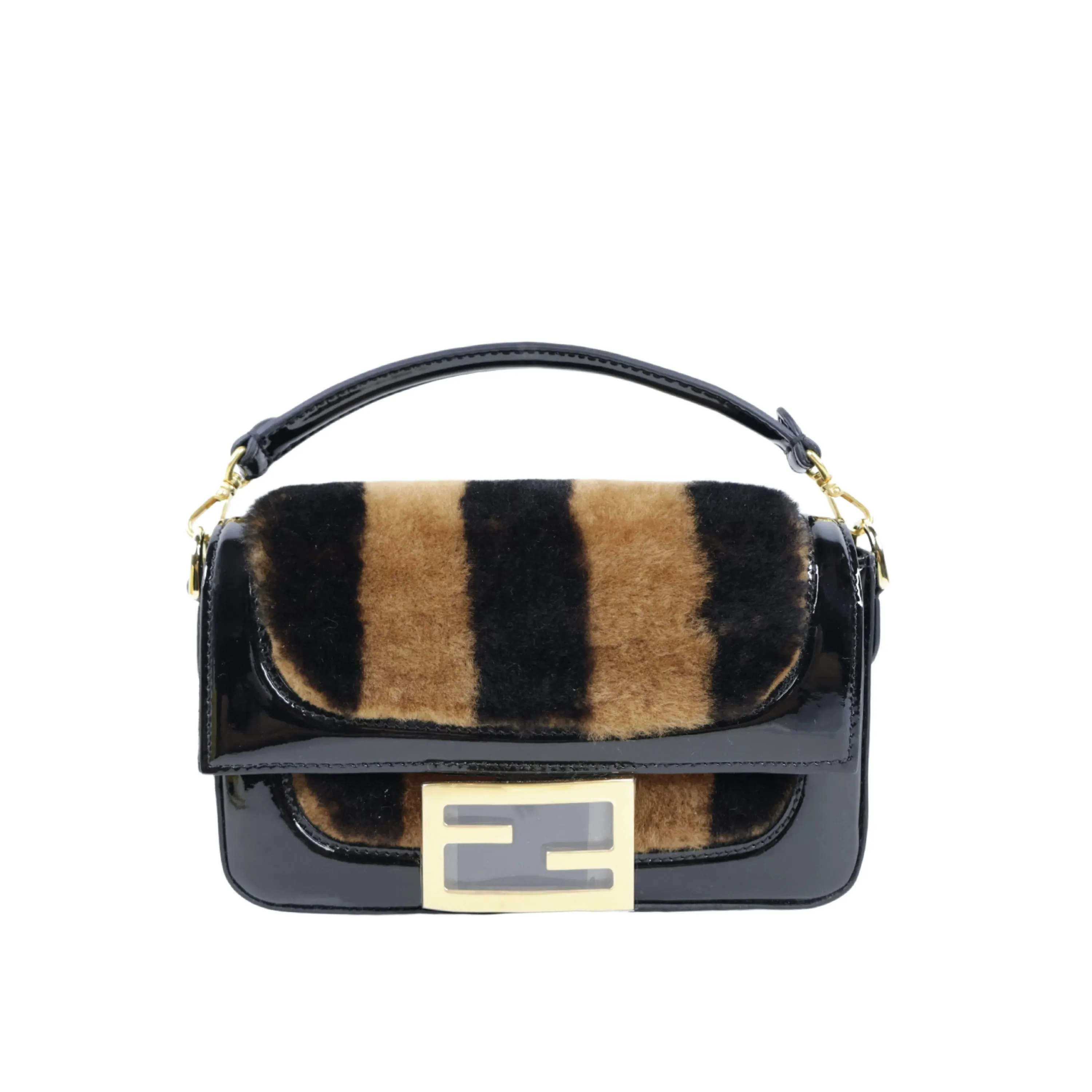 Fendi Patent Black/Brown Fur Mini Baguette