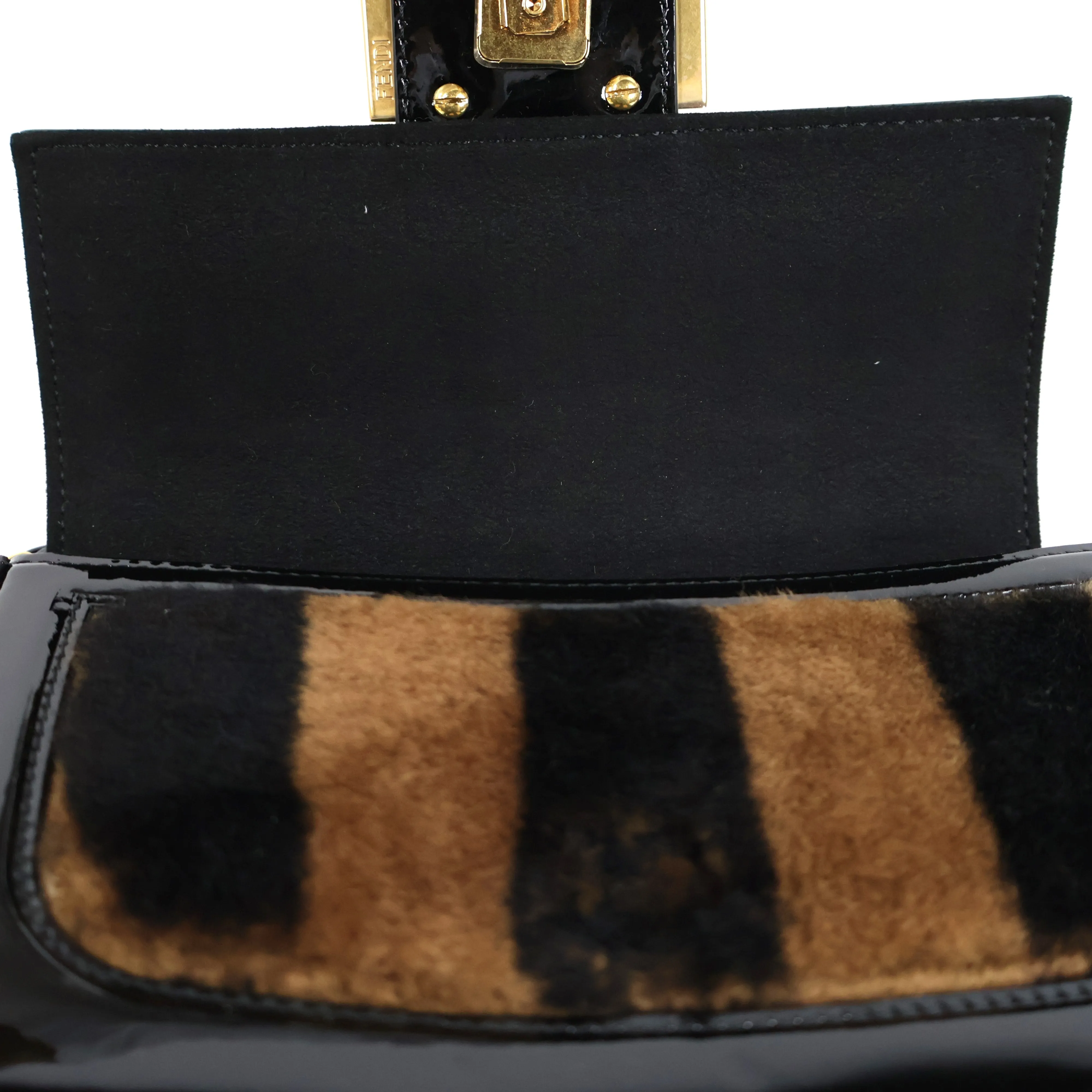 Fendi Patent Black/Brown Fur Mini Baguette