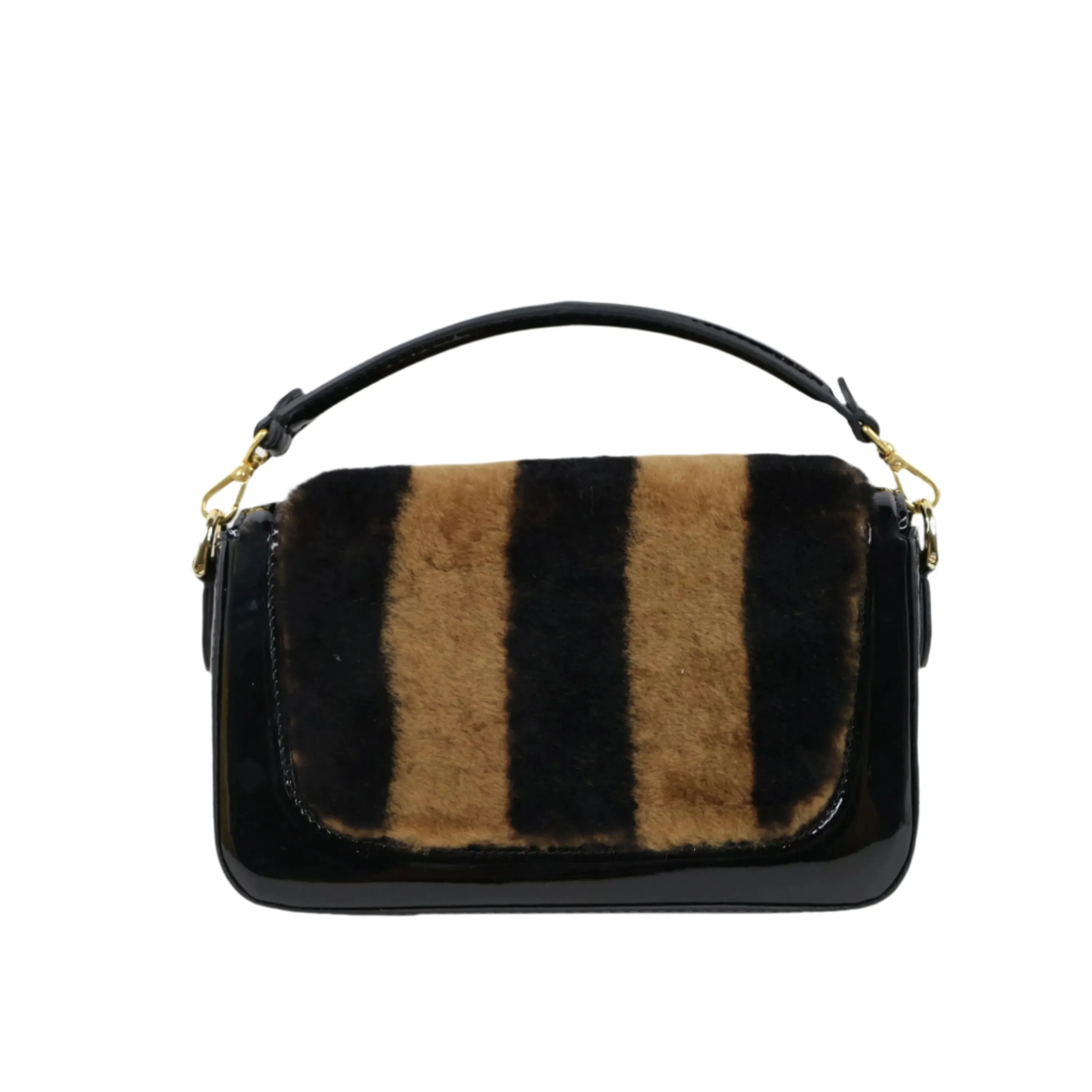 Fendi Patent Black/Brown Fur Mini Baguette
