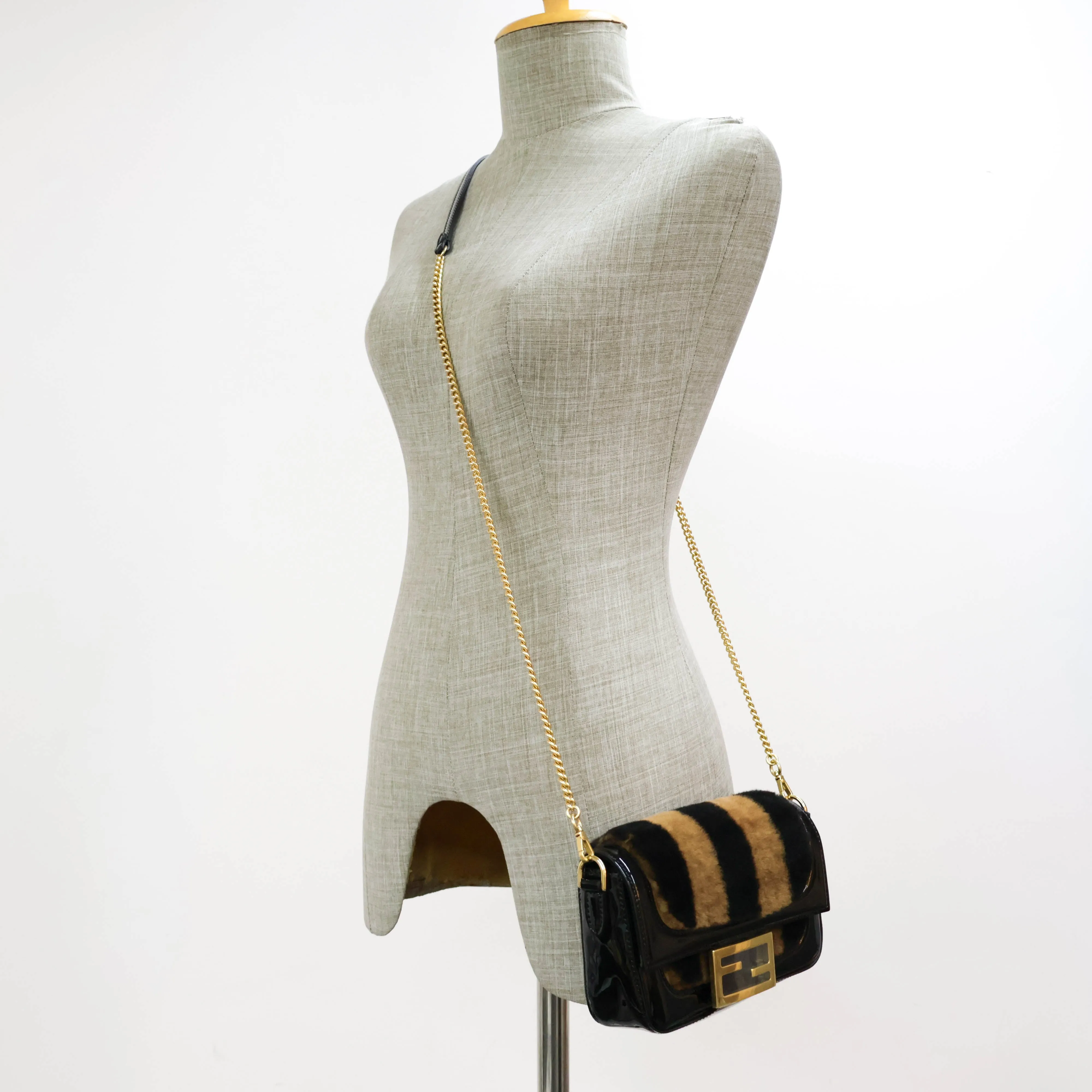 Fendi Patent Black/Brown Fur Mini Baguette