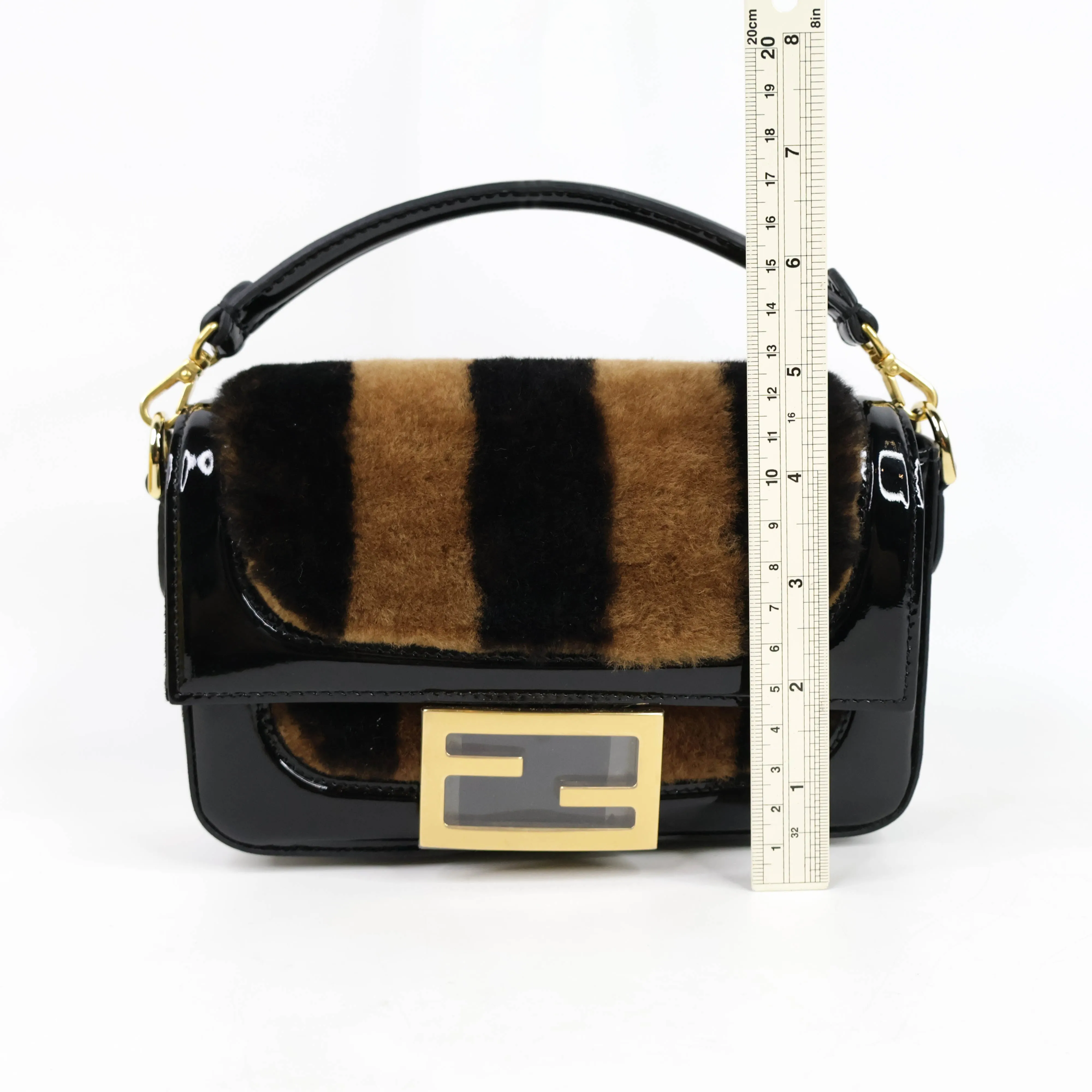 Fendi Patent Black/Brown Fur Mini Baguette