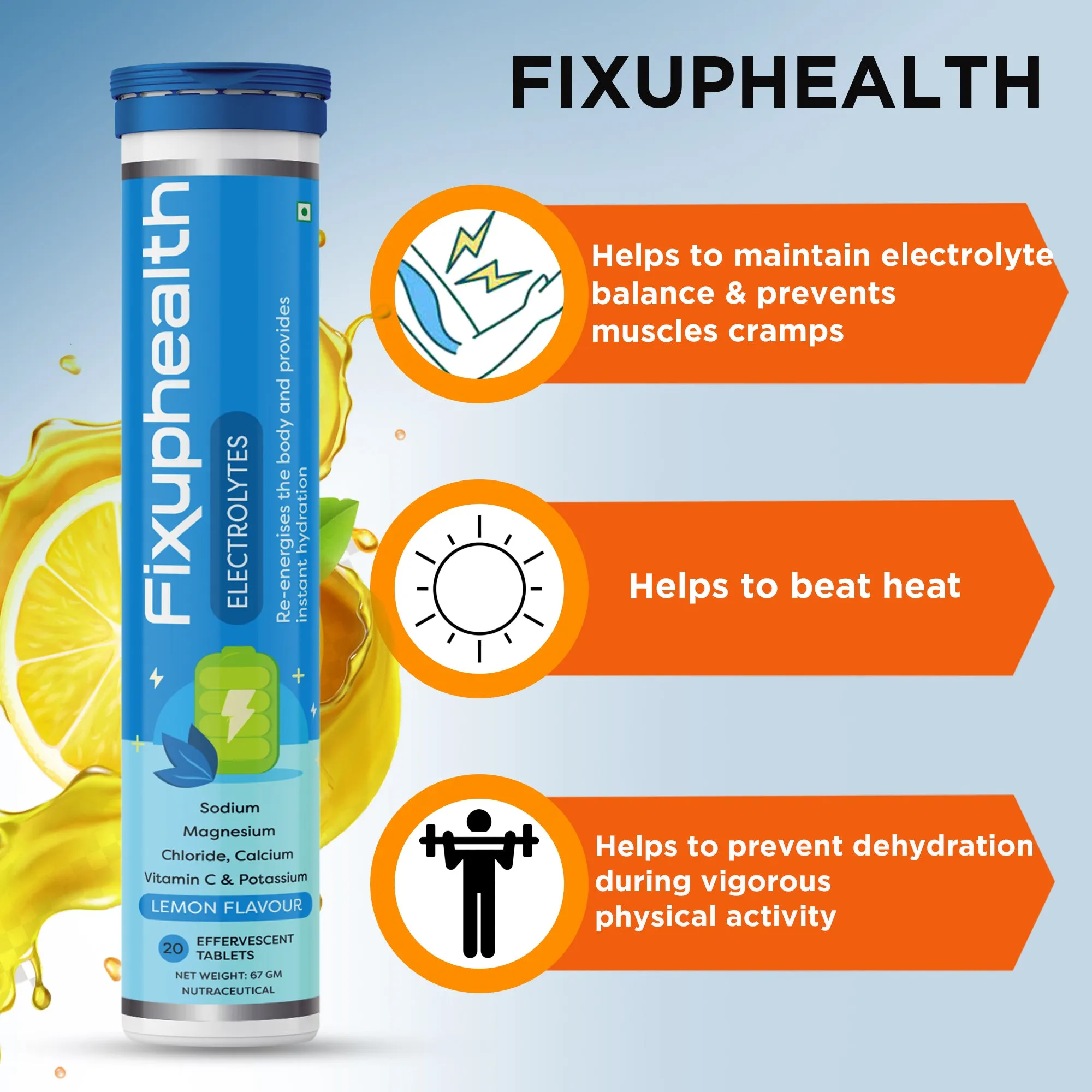 Fixuphealth Electrolytes Tablets Containing Sodium Magnesium, Calcium Chloride and Vitamin C Effervescent Tablets Lemon Flavour Pack of 1 20 tablets each pack Useful for Great source of minerals
