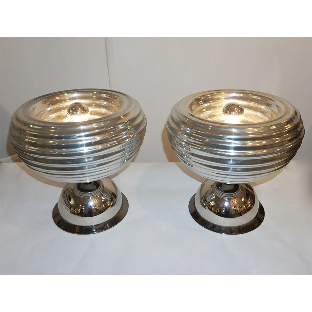 Flos 1960s Silver Tone Pair of Castiglioni Round Polished Aluminum Table Lamps