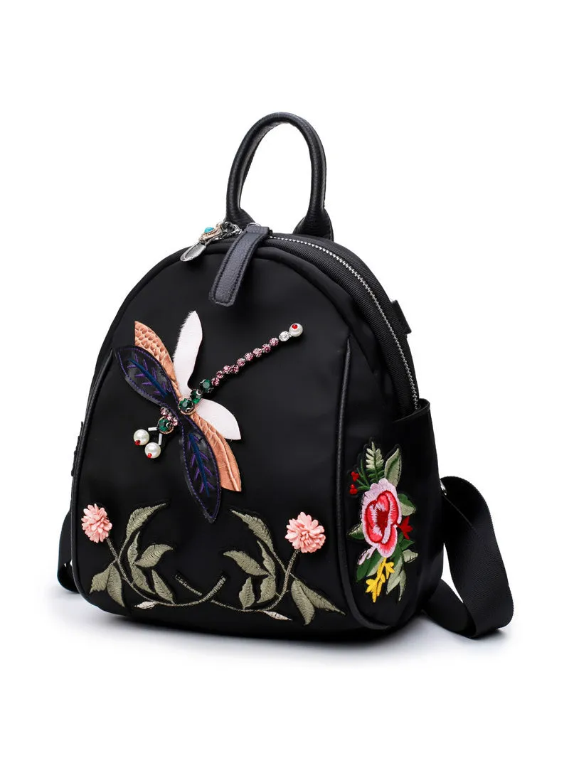 Flower Embroidery Rhinestone 3D Dragonfly Shoulder Bag