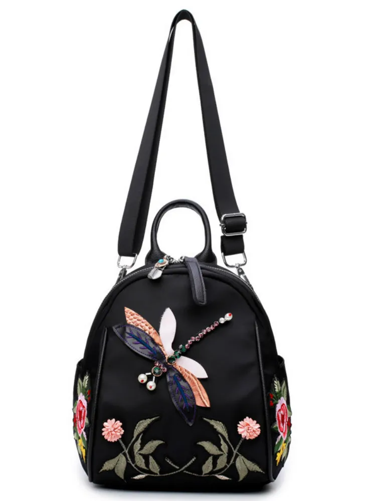 Flower Embroidery Rhinestone 3D Dragonfly Shoulder Bag