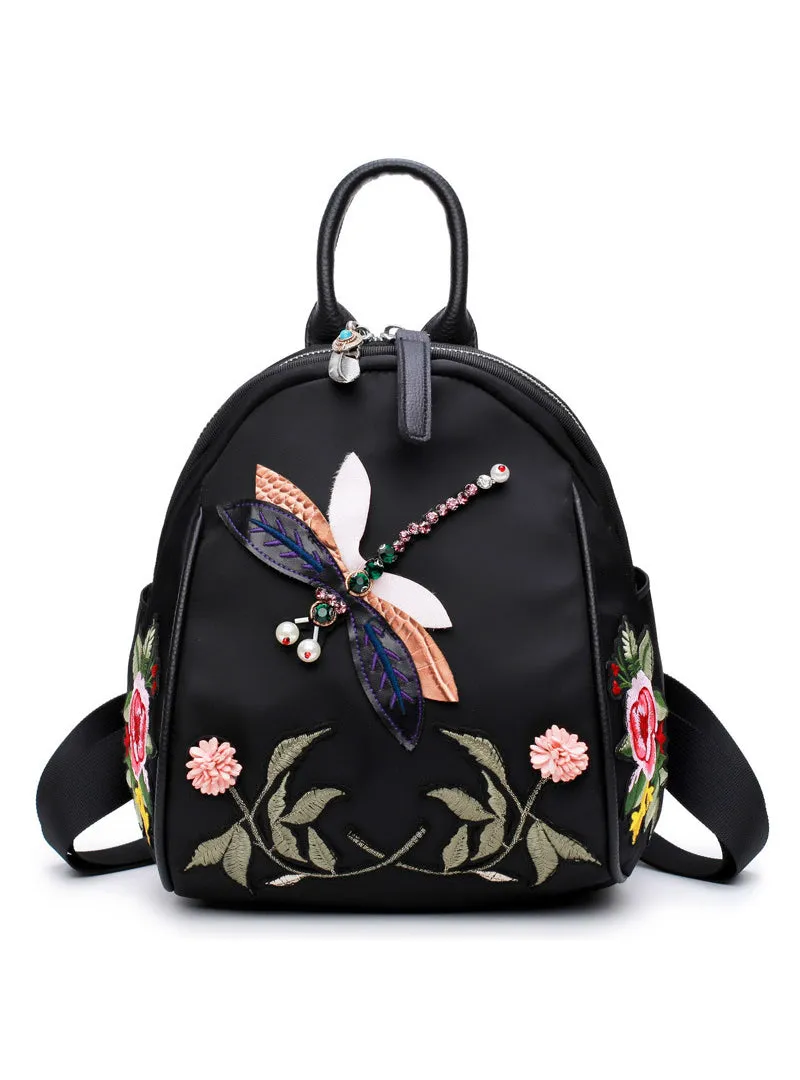 Flower Embroidery Rhinestone 3D Dragonfly Shoulder Bag