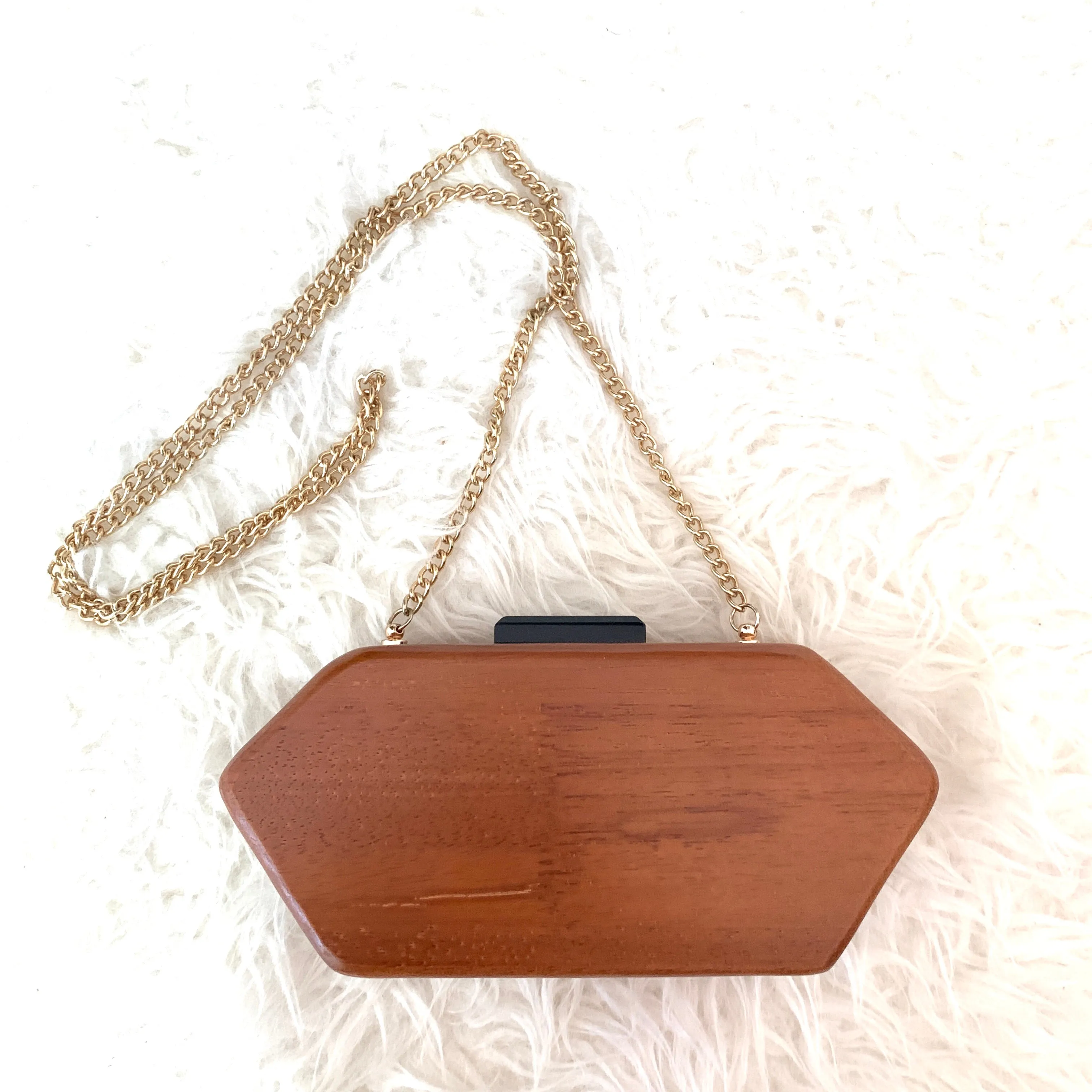 French Connection Wooden Clutch with Gold Chain (see notes)