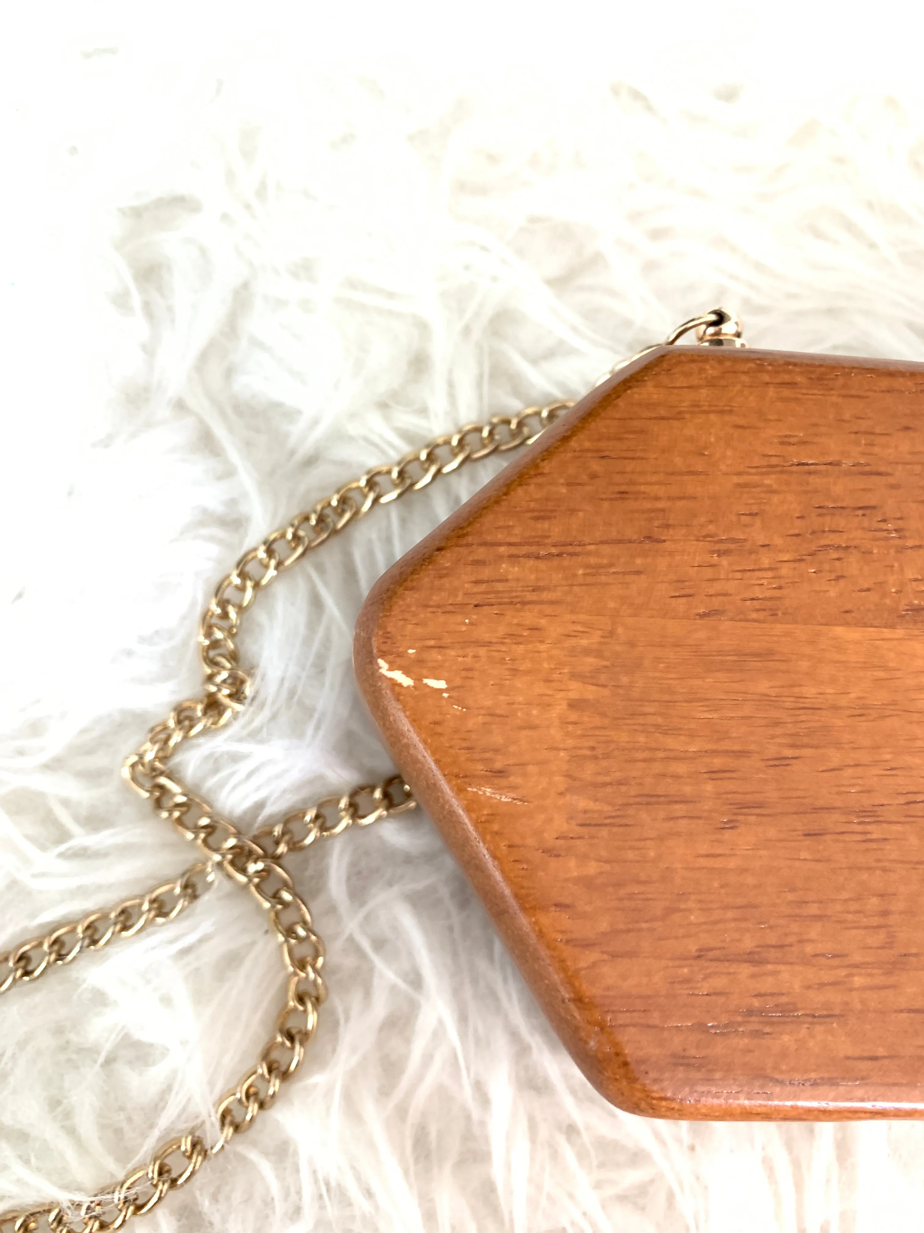 French Connection Wooden Clutch with Gold Chain (see notes)