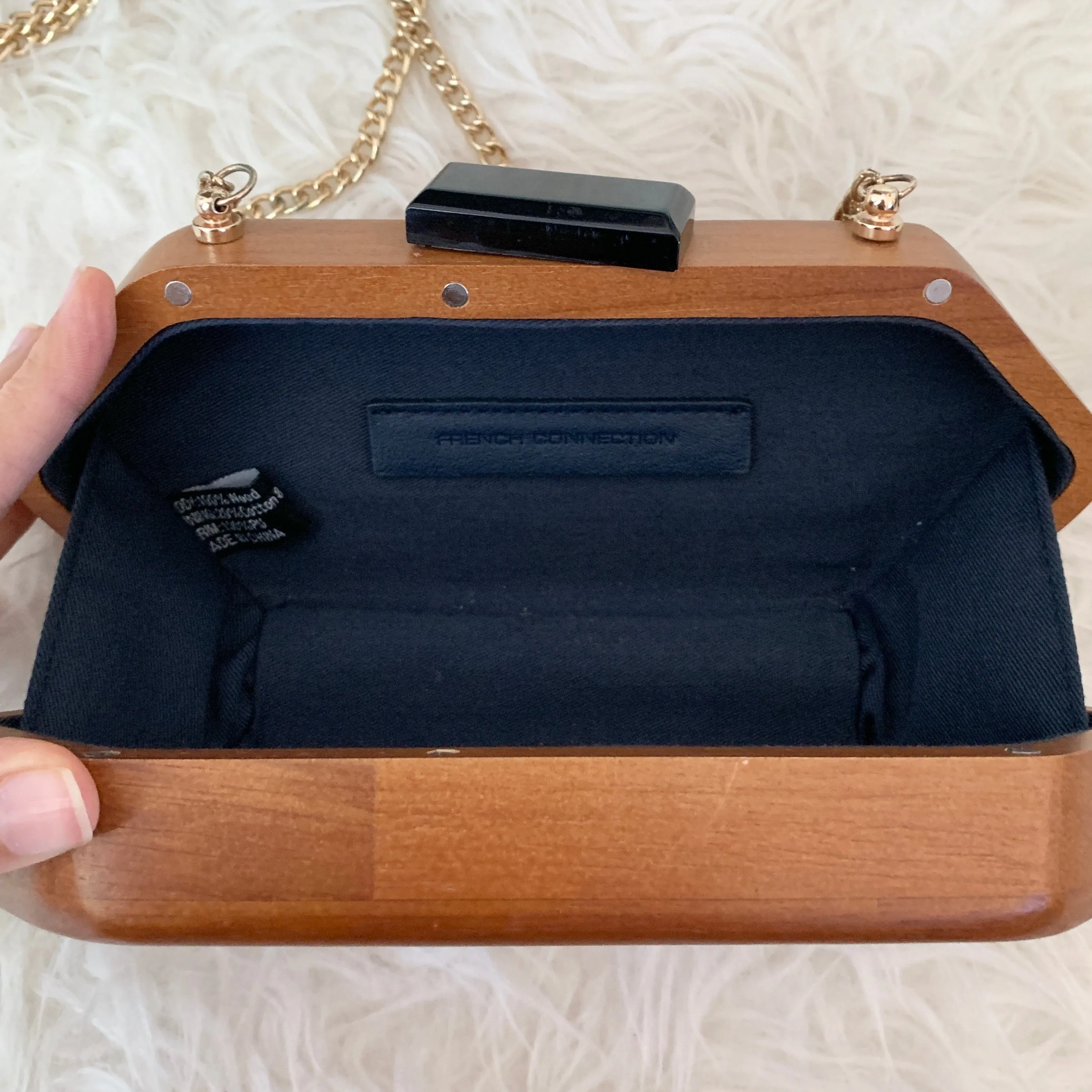 French Connection Wooden Clutch with Gold Chain (see notes)