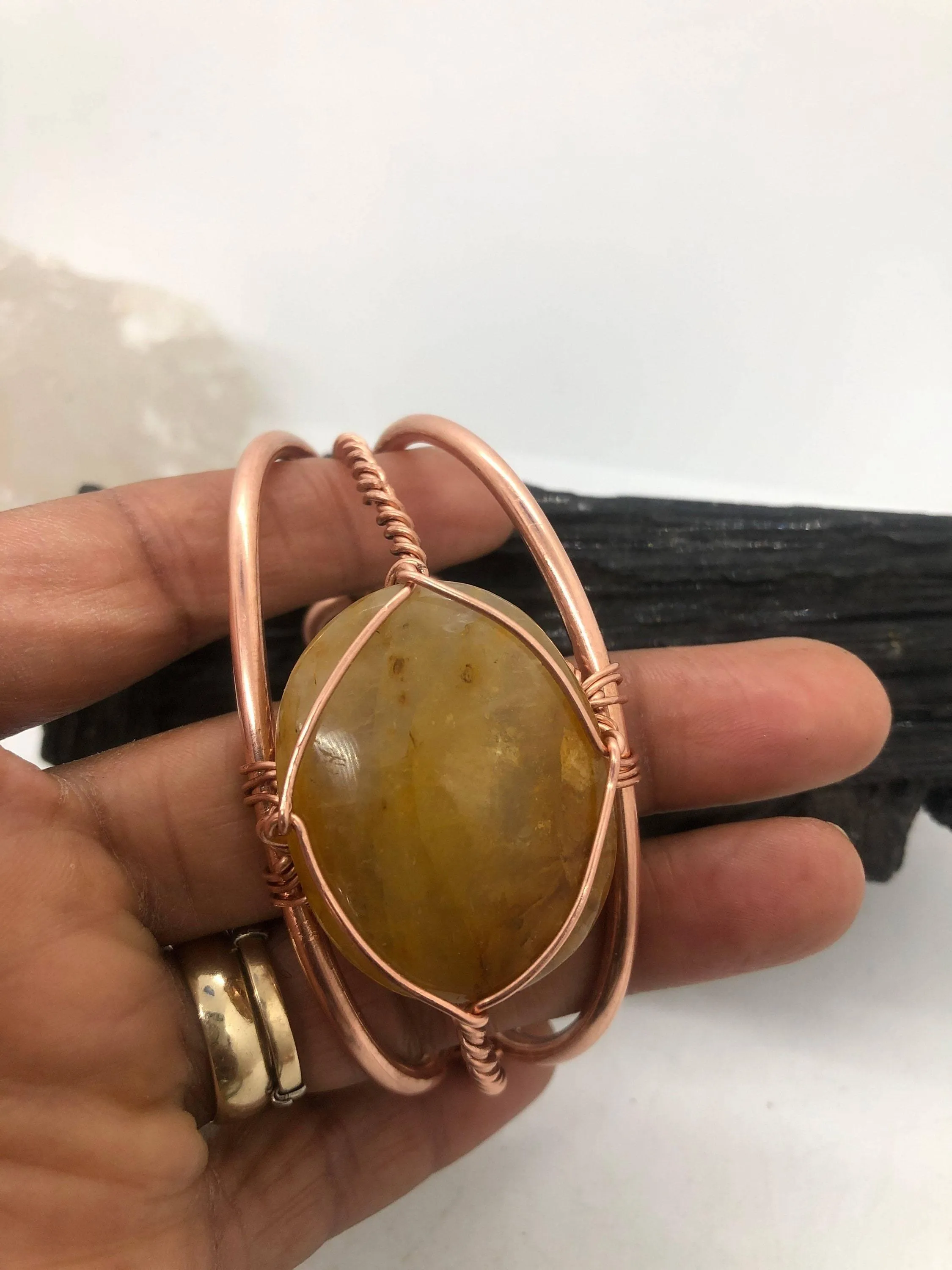 Golden Healer Quartz Crystal Copper Bracelet Wire wrapped Handmade
