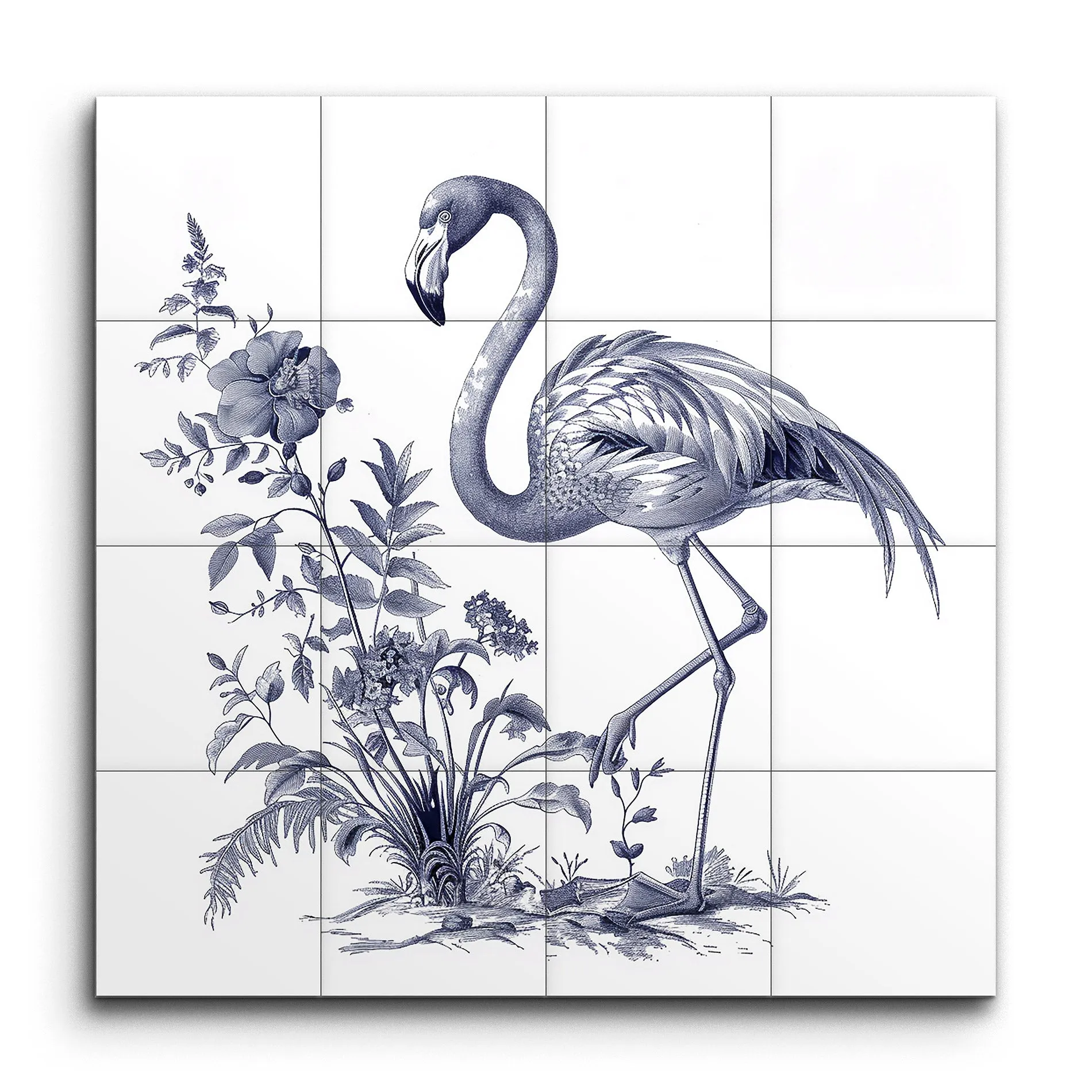 Graceful Flamingo in Monochrome Botanical Scene