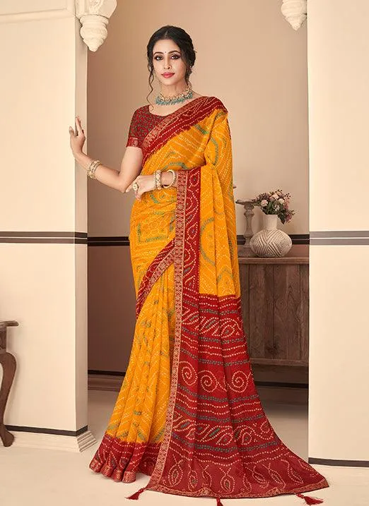 Graceful Yellow & Red Bandhani Chiffon Saree