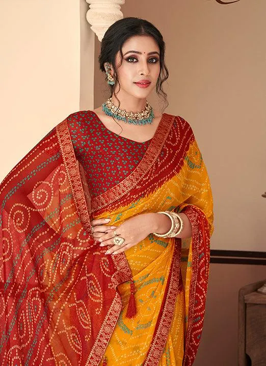 Graceful Yellow & Red Bandhani Chiffon Saree