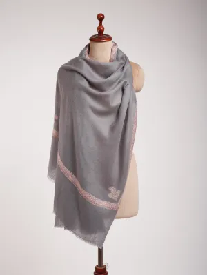 Grey Embroidered Artistic Cashmere Stole