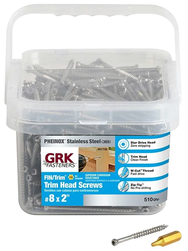 GRK Fasteners 61728 Finishing Screw, #8 Thread, 2 in L, W-Cut Thread, Trim Head, Star Drive, 305 Stainless Steel, 510 PK :PK510: QUANTITY: 1