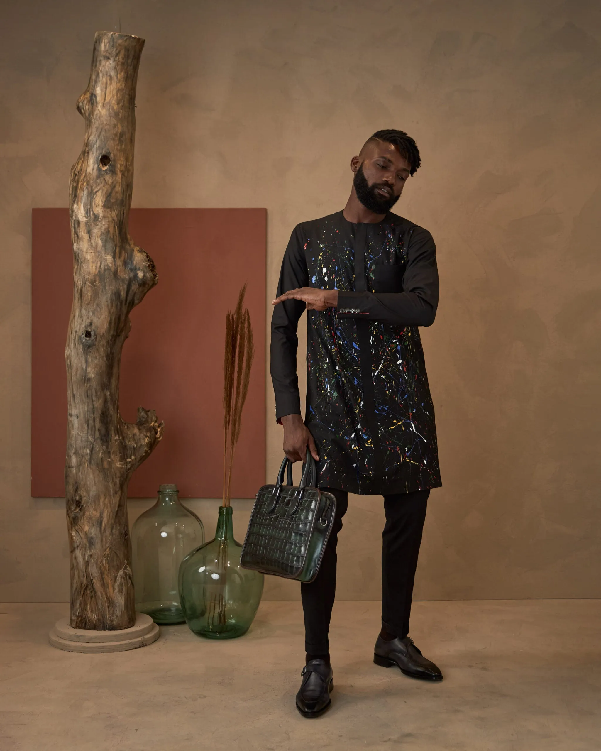 Hand-painted Black Splash Kaftan Set
