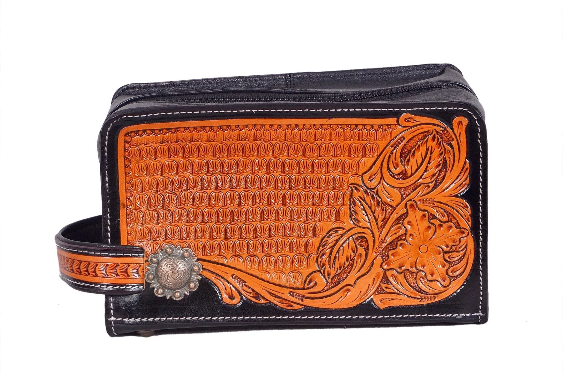 Hand Tooled Men / Women Travel Toiletry Organizer Shaving Kit Tooled Leather Bag With Waterproof Lining 20IS301