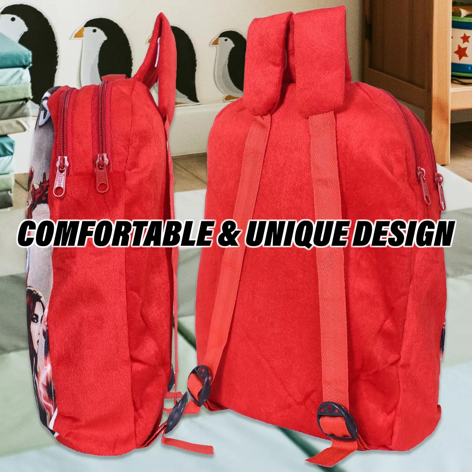 Heart Home Marvel Avengers School Bag | Velvet Kids School Bags | Student Bookbag | School Bag for Girls & Boys | School Backpack for Kids | 2 Compartments | Red