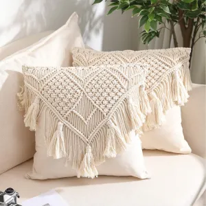 KAAHIRA Handmade Cotton Macrame Cushion Pillow Cover Boho Home Decor Abstract Pattern 16 x 16 Inch in Off White Color - 1 Pcs
