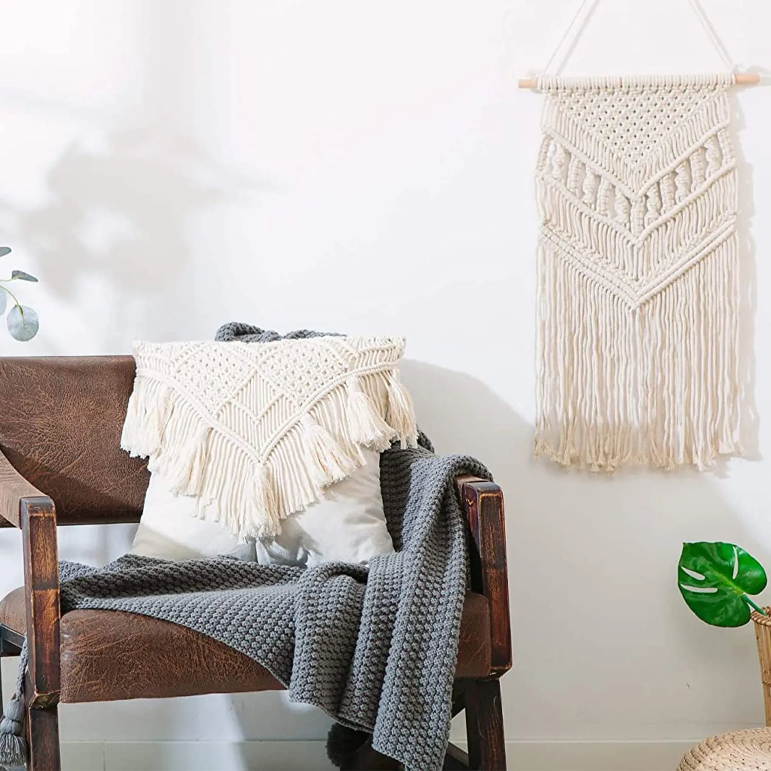 KAAHIRA Handmade Cotton Macrame Cushion Pillow Cover Boho Home Decor Abstract Pattern 16 x 16 Inch in Off White Color - 1 Pcs