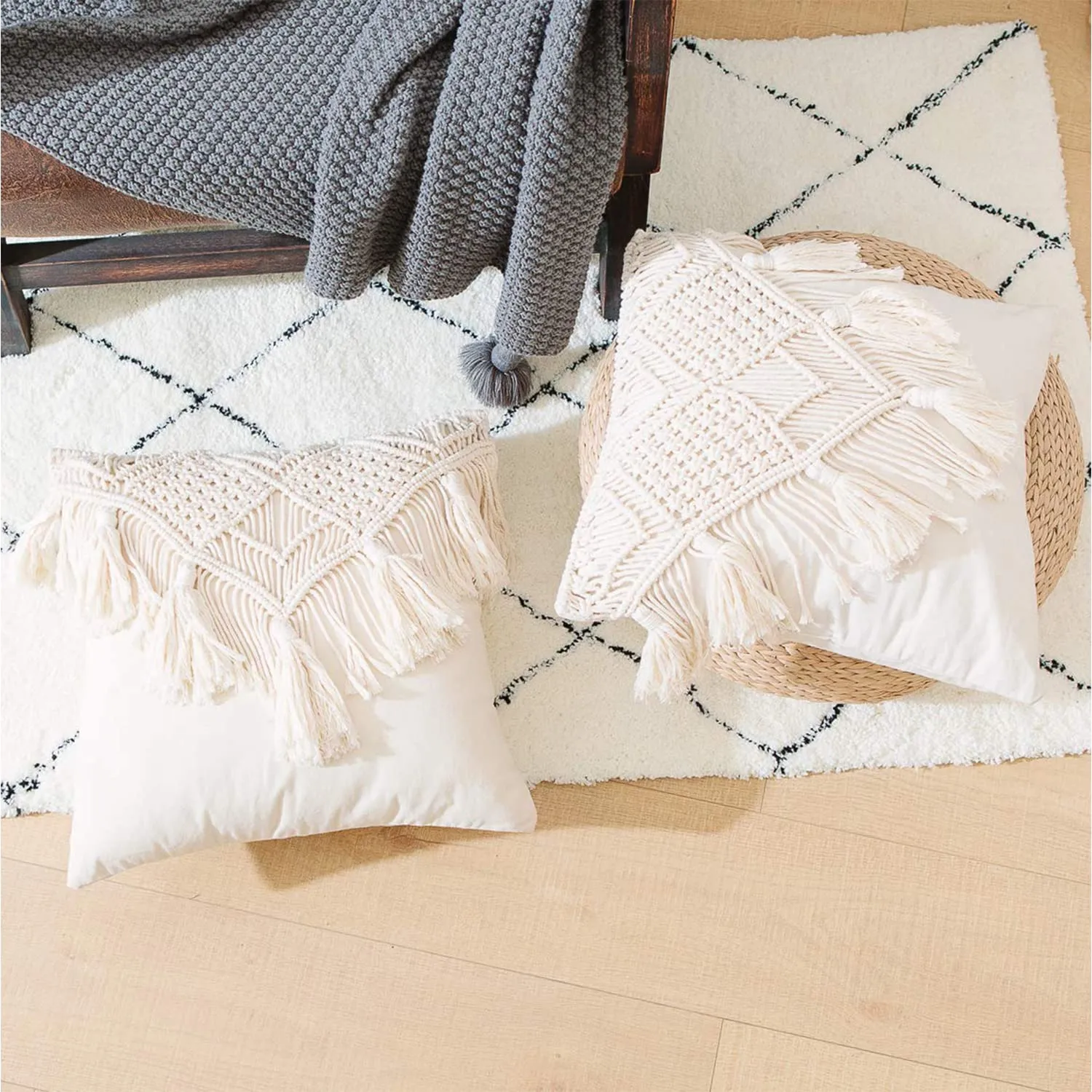 KAAHIRA Handmade Cotton Macrame Cushion Pillow Cover Boho Home Decor Abstract Pattern 16 x 16 Inch in Off White Color - 1 Pcs