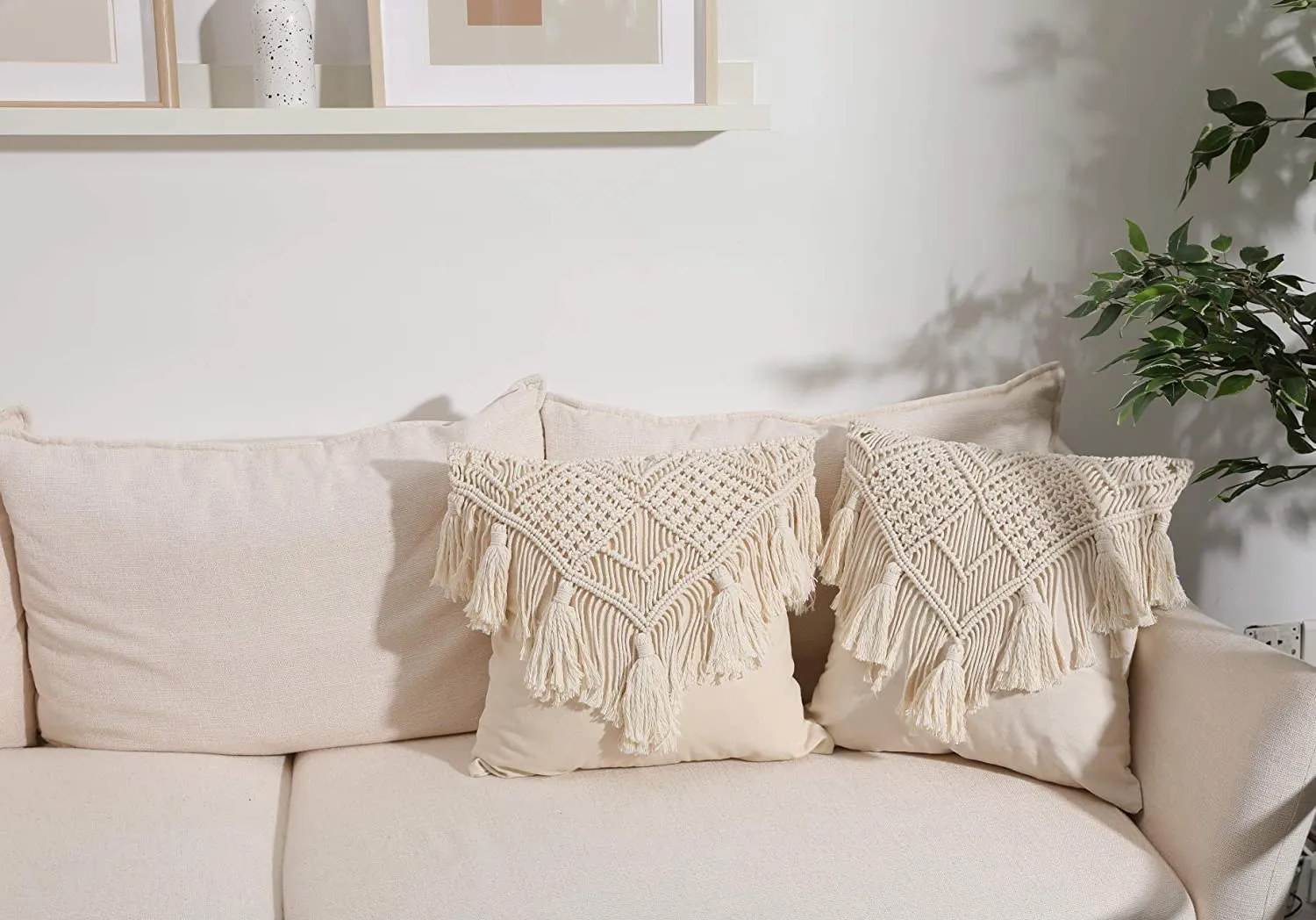 KAAHIRA Handmade Cotton Macrame Cushion Pillow Cover Boho Home Decor Abstract Pattern 16 x 16 Inch in Off White Color - 1 Pcs