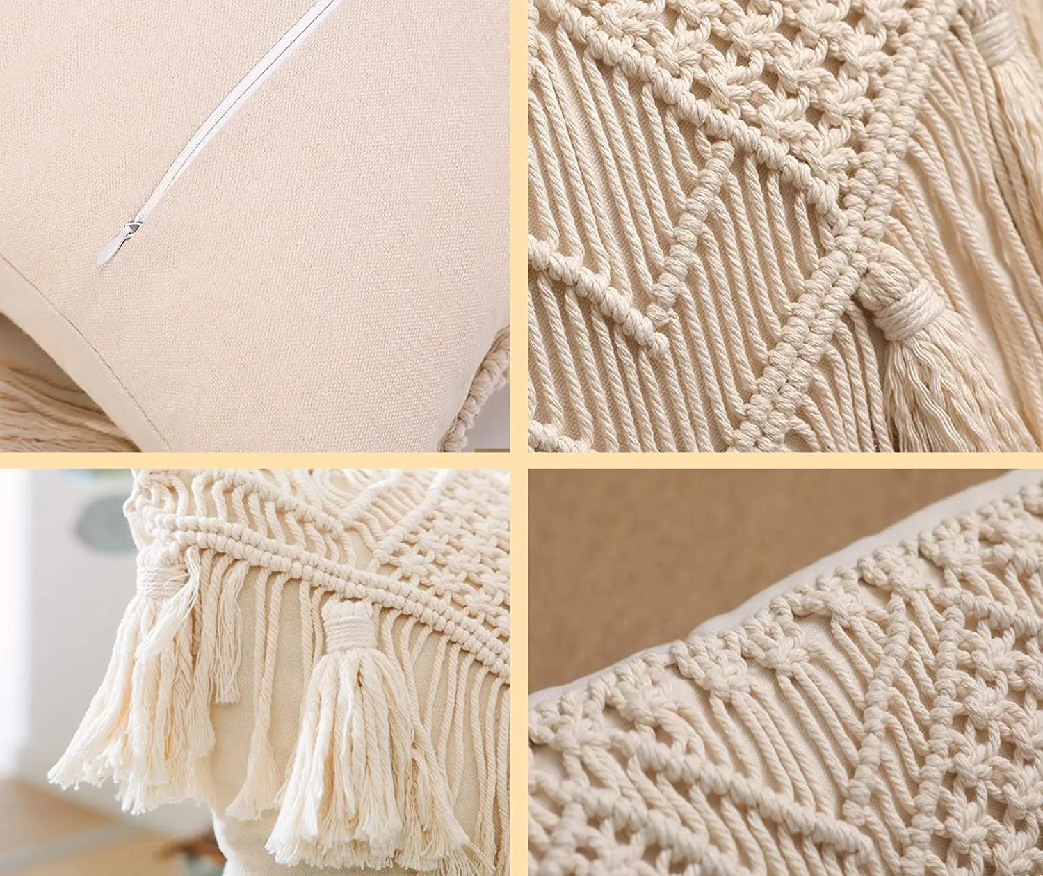 KAAHIRA Handmade Cotton Macrame Cushion Pillow Cover Boho Home Decor Abstract Pattern 16 x 16 Inch in Off White Color - 1 Pcs