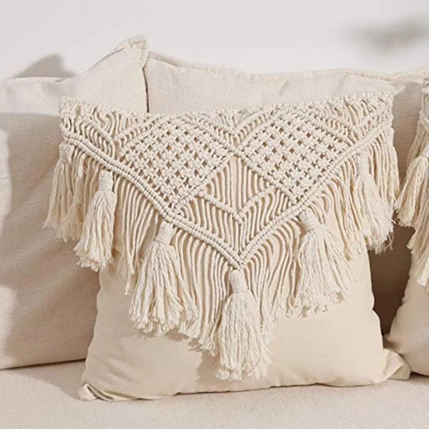 KAAHIRA Handmade Cotton Macrame Cushion Pillow Cover Boho Home Decor Abstract Pattern 16 x 16 Inch in Off White Color - 1 Pcs