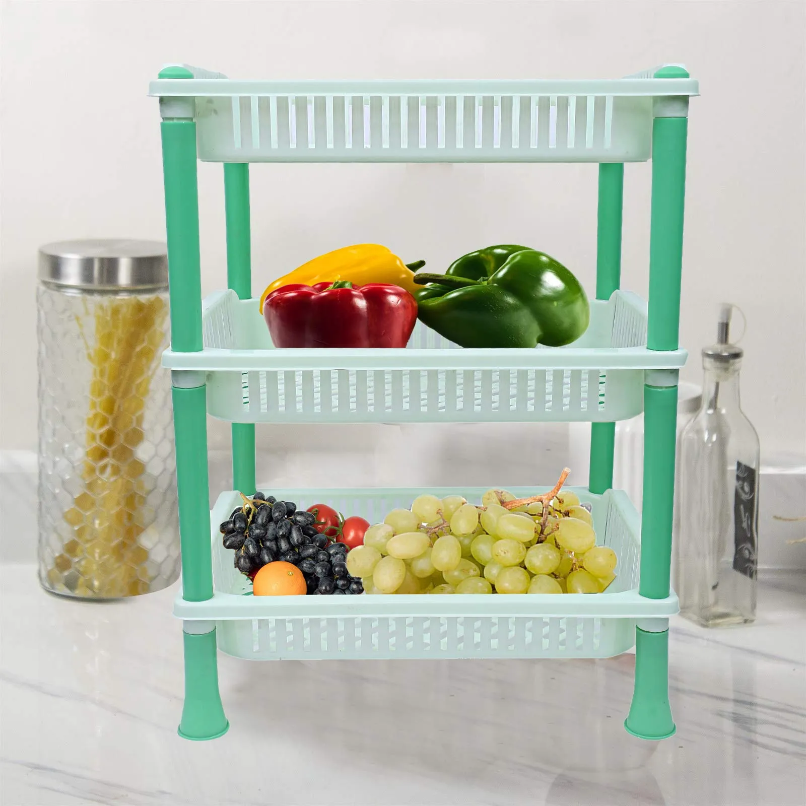 Kuber industries Plastic 3 Layer Multi-Purpose Kitchen Storage Basket Rack (Green)-CTKTC13255