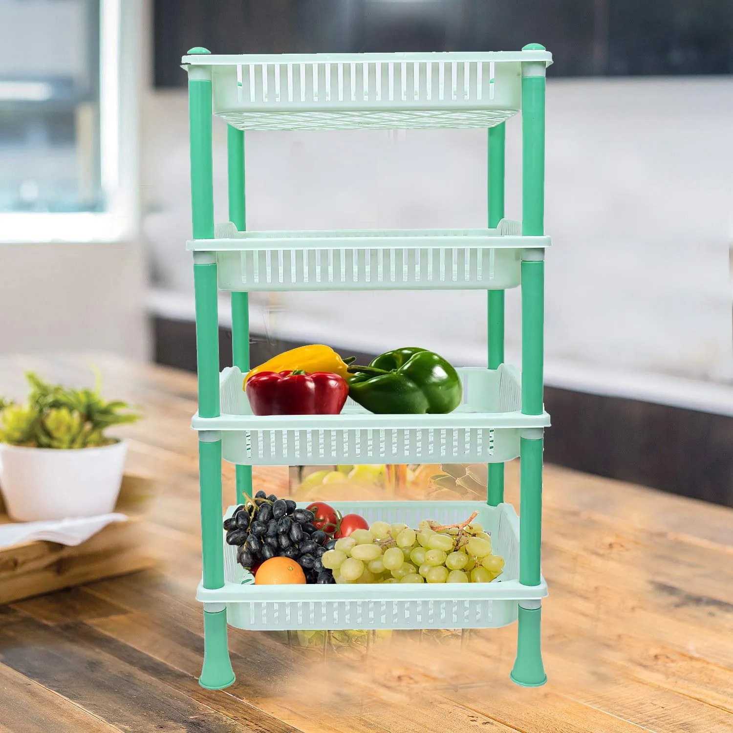 Kuber industries Plastic 4 Layer Multi-Purpose Kitchen Storage Basket Rack (Green)-CTKTC13284