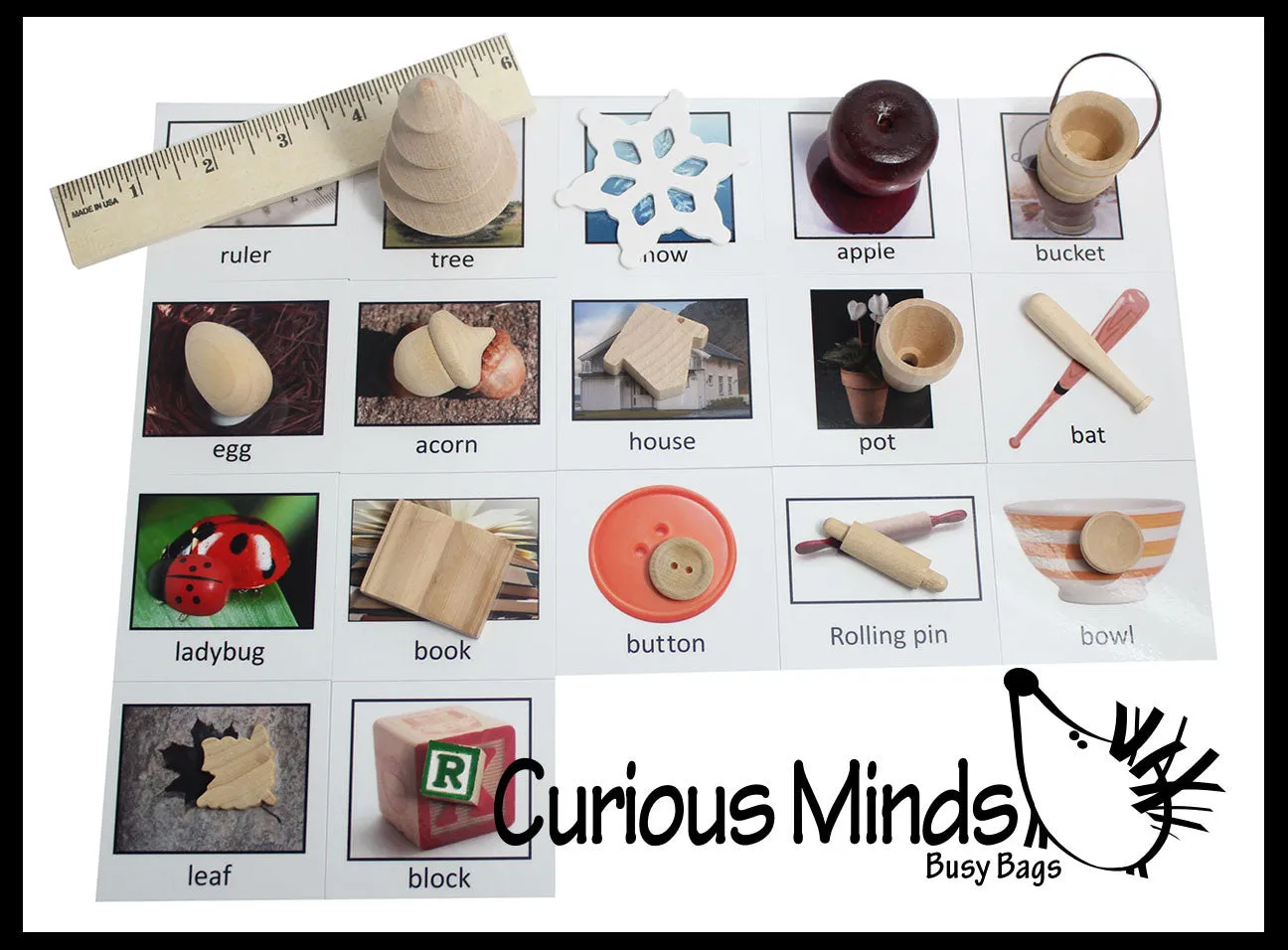 LAST CHANCE - LIMITED STOCK - Montessori Object Match with Cards- Miniature Objects with Matching Cards - 2 Part Cards.  Montessori learning toy, language materials