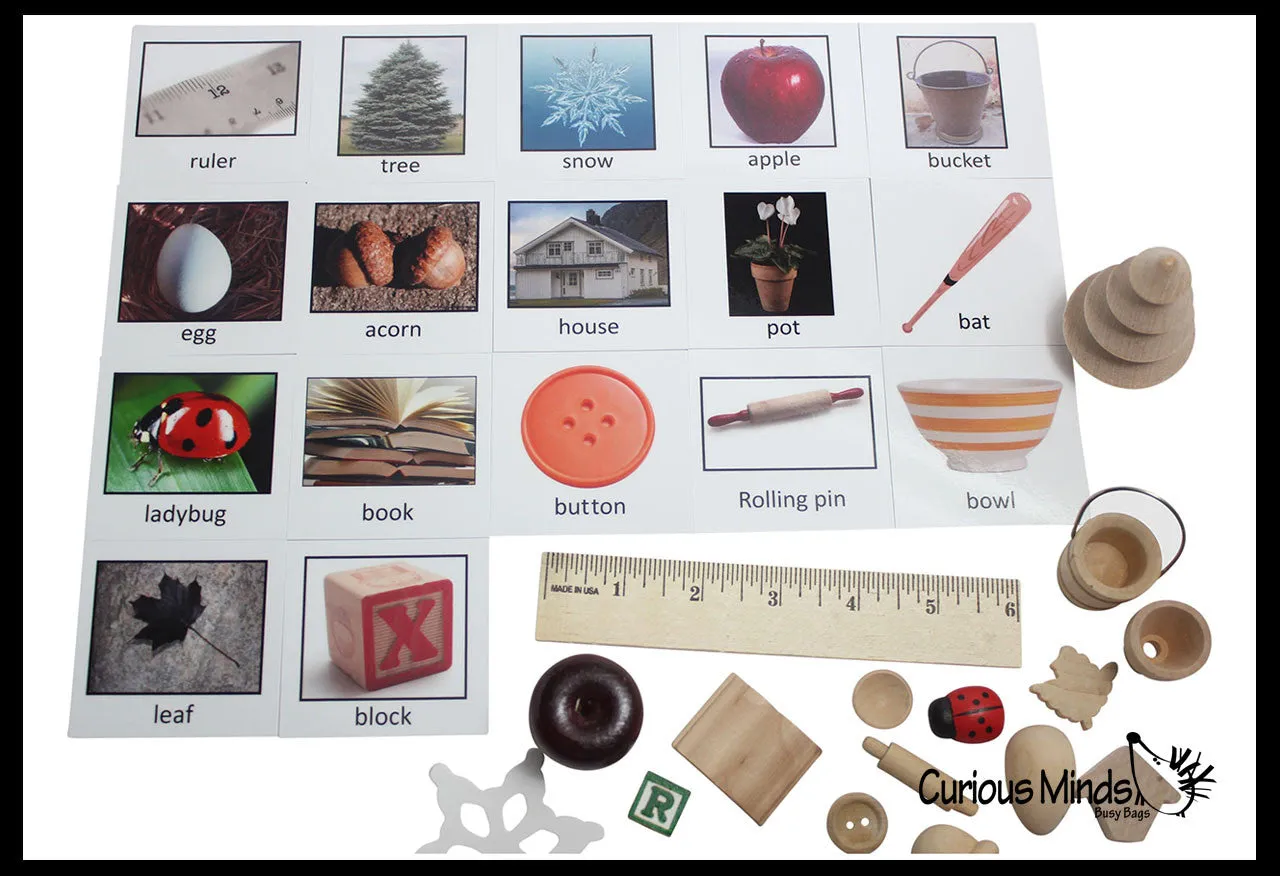 LAST CHANCE - LIMITED STOCK - Montessori Object Match with Cards- Miniature Objects with Matching Cards - 2 Part Cards.  Montessori learning toy, language materials