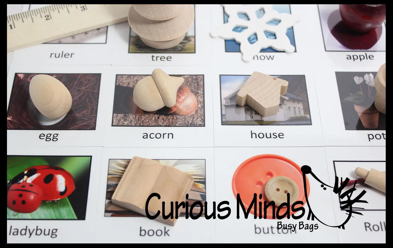 LAST CHANCE - LIMITED STOCK - Montessori Object Match with Cards- Miniature Objects with Matching Cards - 2 Part Cards.  Montessori learning toy, language materials