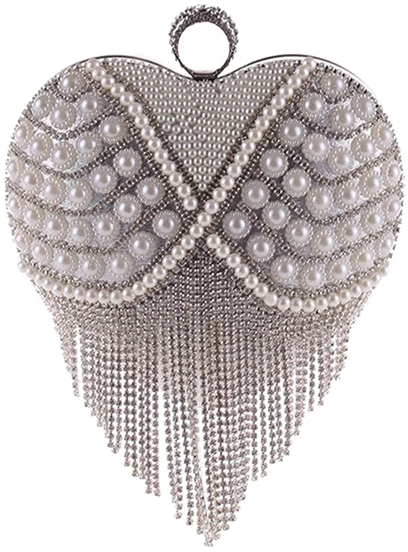 Luxury Silver Rainbow Heart Tassel Party Clutch Bag/Purse/Handbag