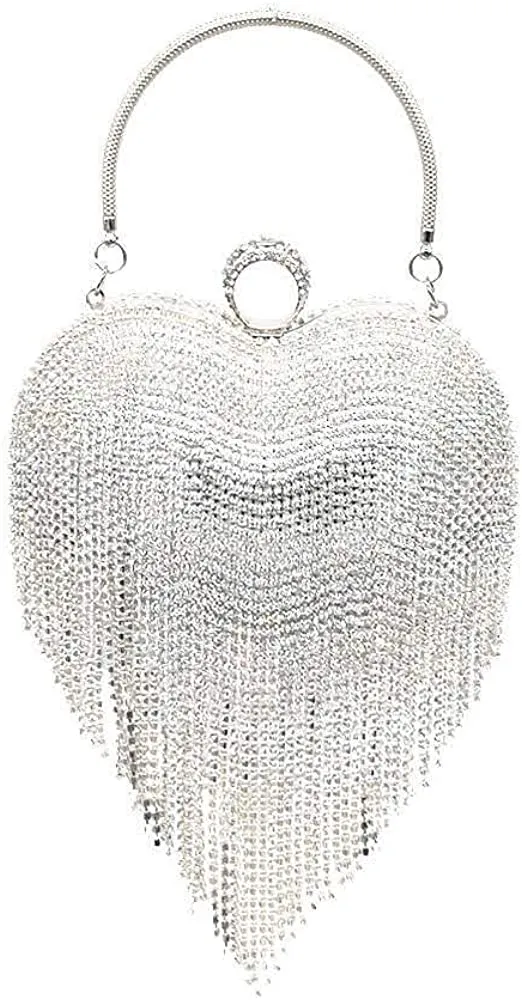 Luxury Silver Rainbow Heart Tassel Party Clutch Bag/Purse/Handbag