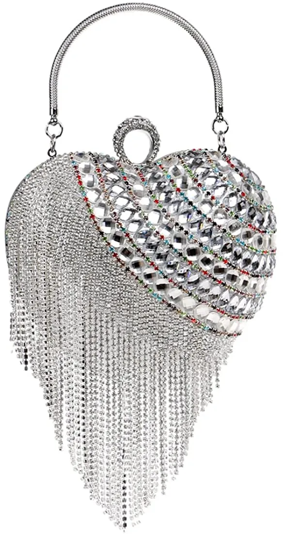 Luxury Silver Rainbow Heart Tassel Party Clutch Bag/Purse/Handbag
