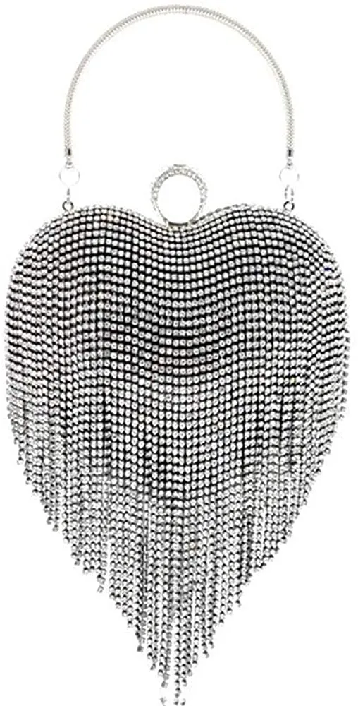 Luxury Silver Rainbow Heart Tassel Party Clutch Bag/Purse/Handbag