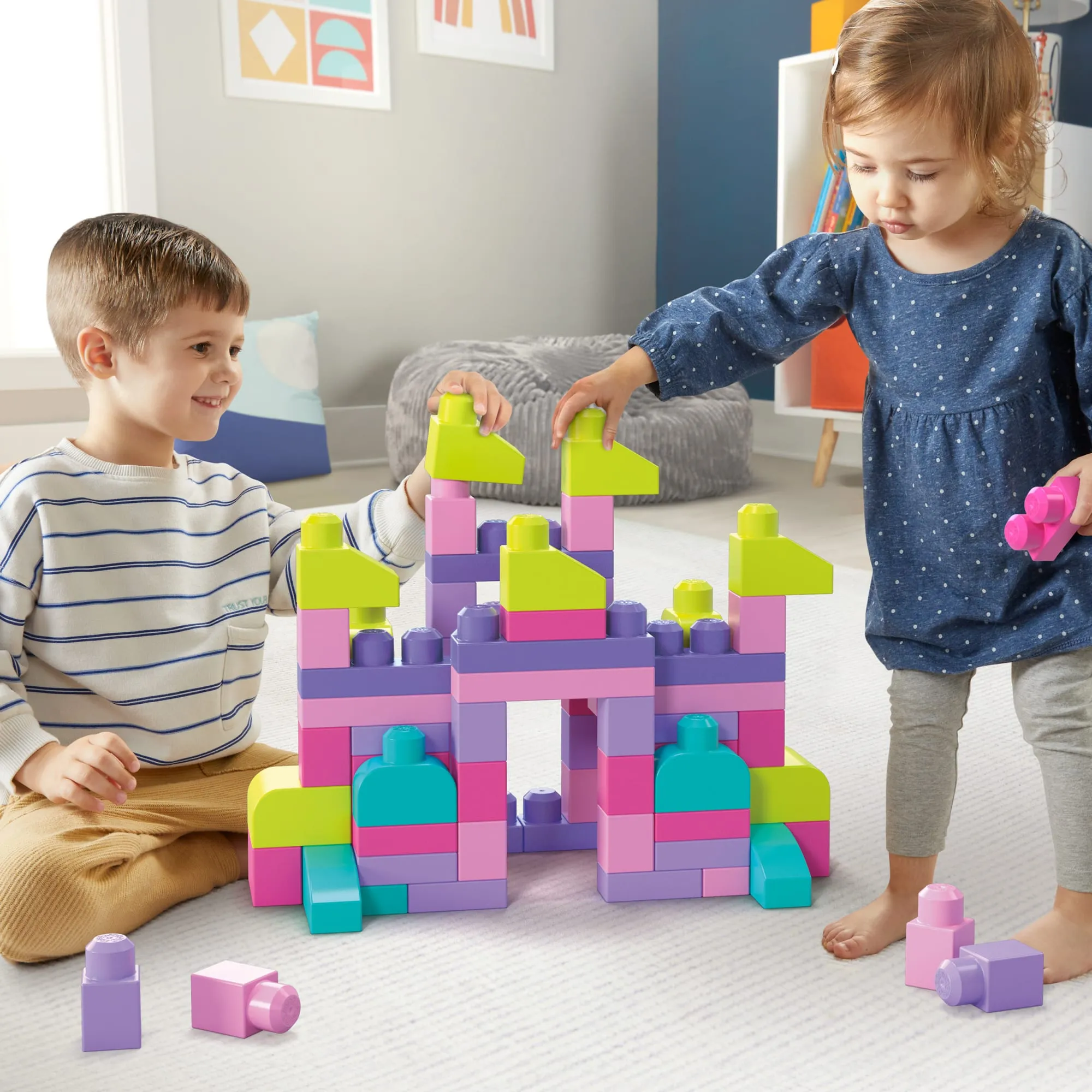 MEGA BLOKS Fisher-Price Toy Blocks Pink Big Building Bag With Storage (80 Pieces) For Toddler