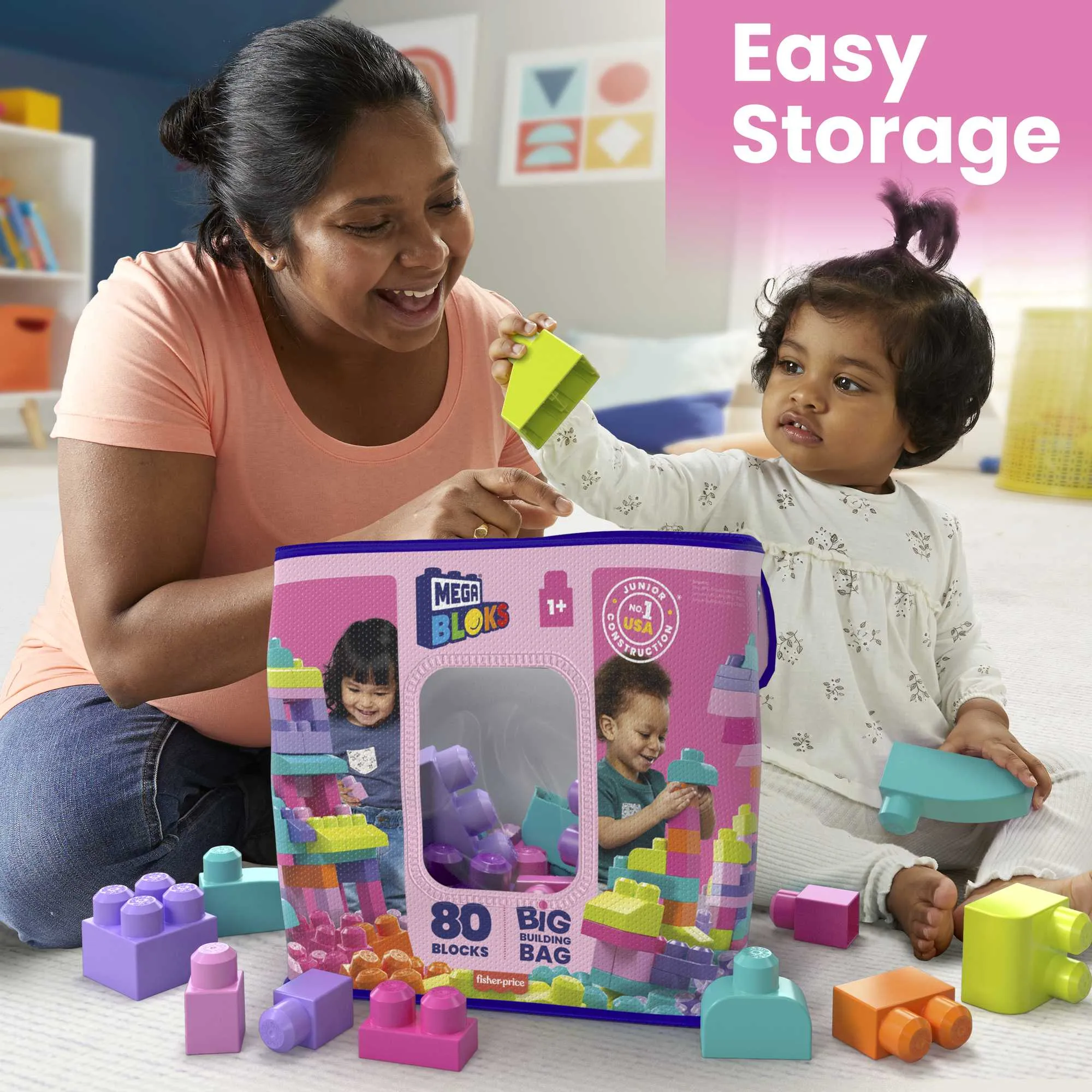 MEGA BLOKS Fisher-Price Toy Blocks Pink Big Building Bag With Storage (80 Pieces) For Toddler