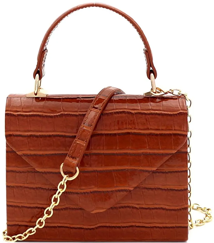 Mini Retro Glossy Crocodile Burgundy Box Flap leather Satchel Crossbody Handbag
