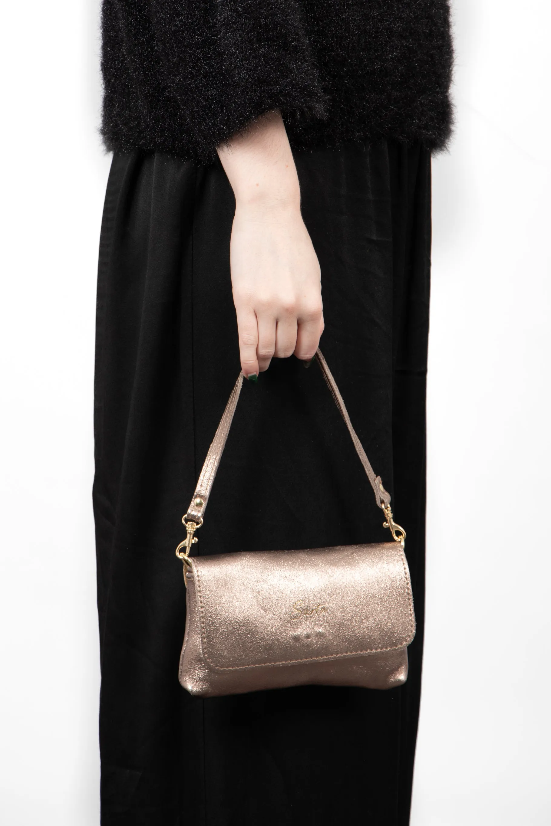 Olga - Italian Leather Mini Crossbody Bag - Champagne, Metallic