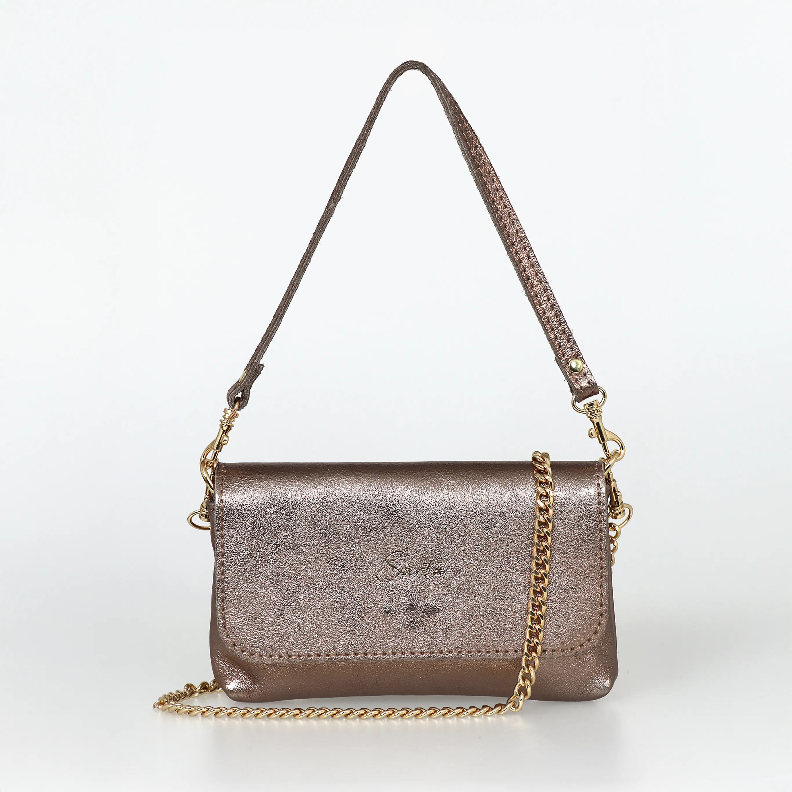 Olga - Italian Leather Mini Crossbody Bag - Champagne, Metallic