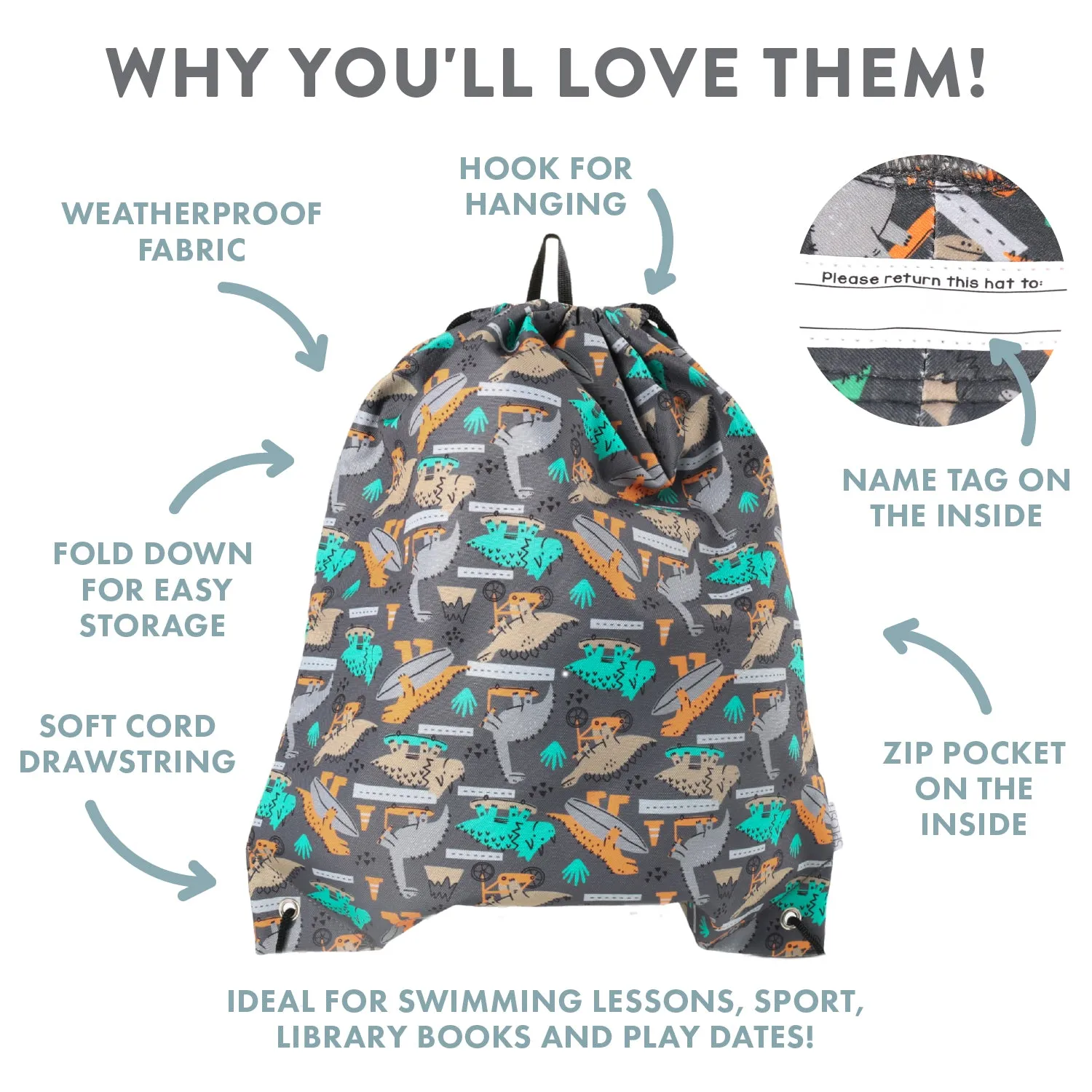 OUT & ABOUT DINO SKATE DRAWSTRING BAG