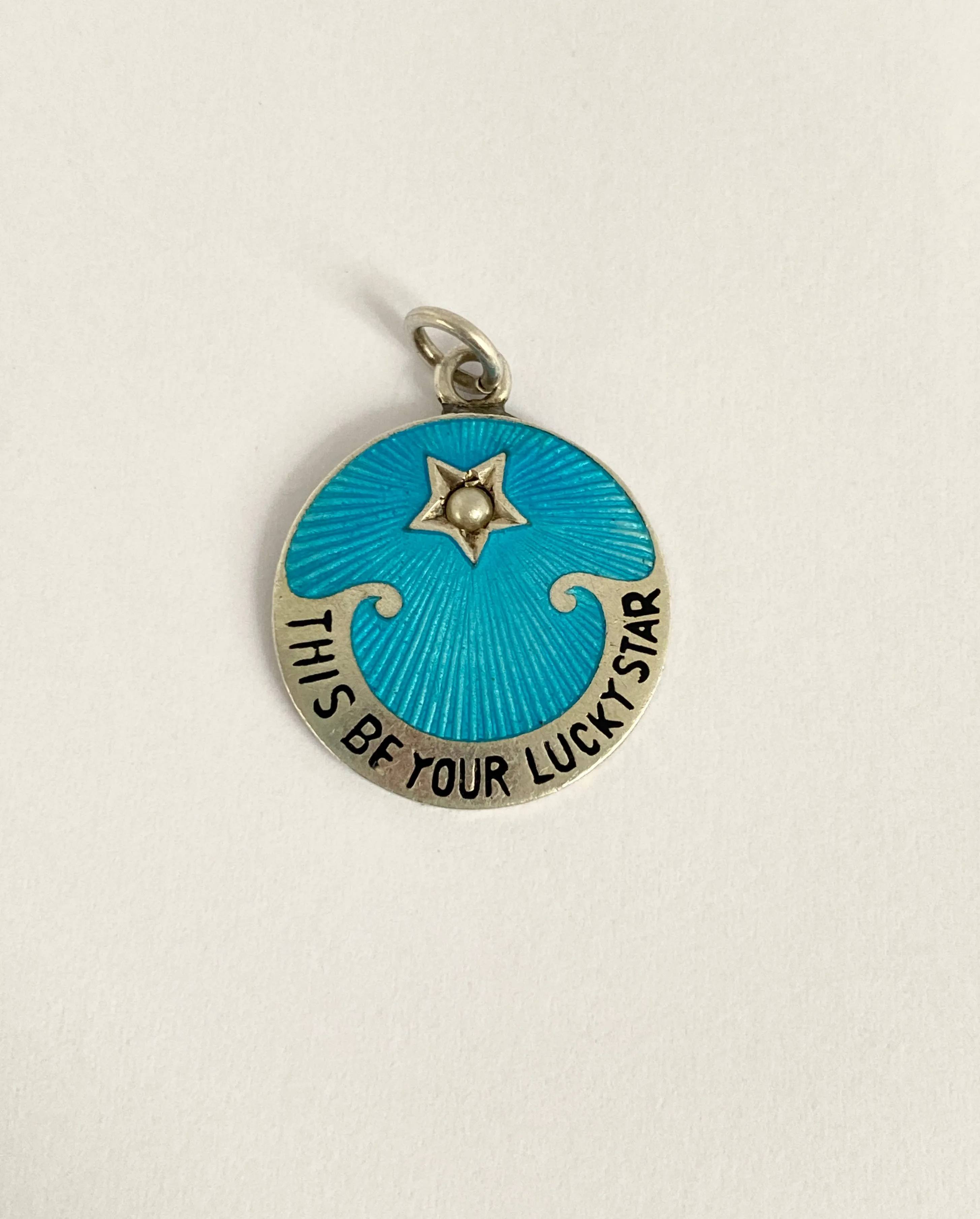 Rare, Antique English, Sterling Silver, Enamel and Pearl, 'This be your Lucky Star' Charm / Pendant